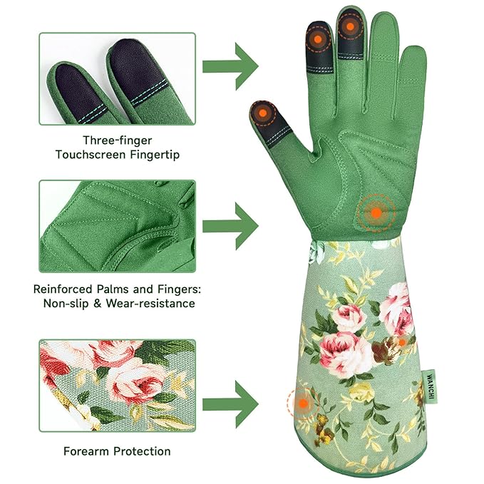 Women's Long Sleeve Leather Gardening Gloves – Durable, Comfy with Cute Green Print
