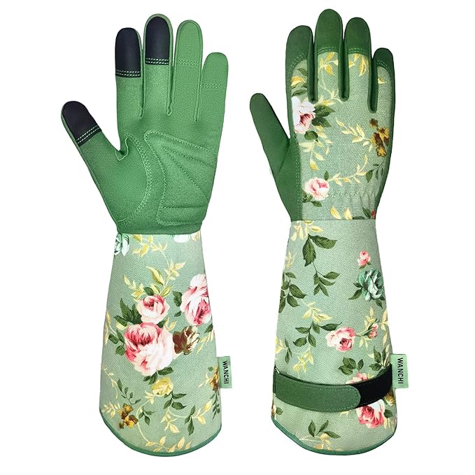 Women's Long Sleeve Leather Gardening Gloves – Durable, Comfy with Cute Green Print
