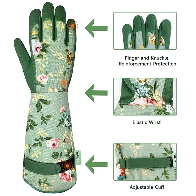 Women's Long Sleeve Leather Gardening Gloves – Durable, Comfy with Cute Green Print